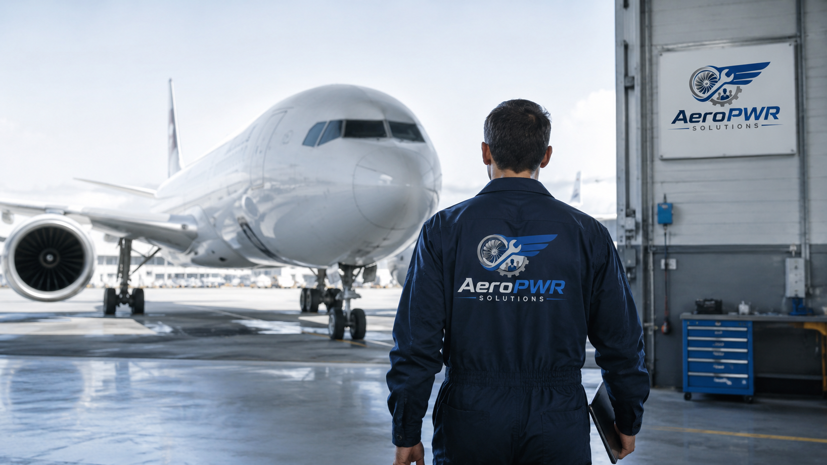 Aviation maintenance technician walking towards a commercial aircraft outside a hangar