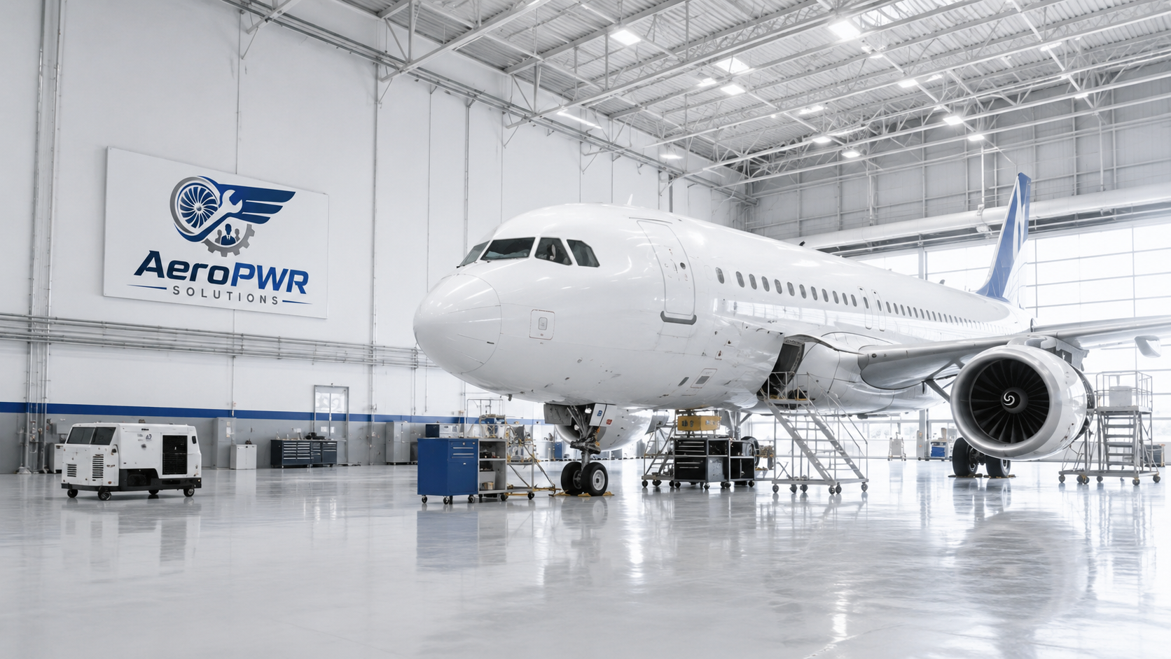 Commercial aircraft parked inside a bright maintenance hangar